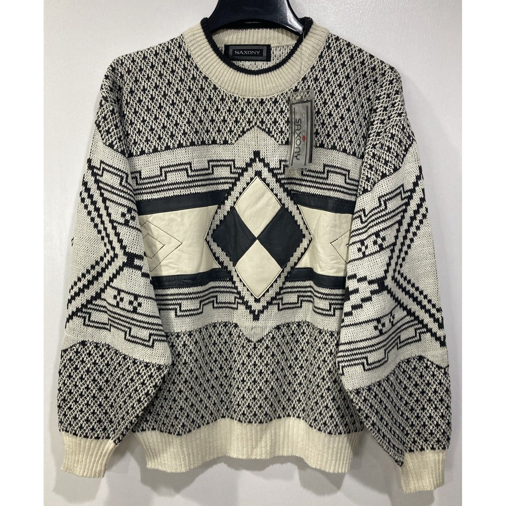 Vintage‎ Saxony Leather Trim Geometric Aztec Coogi Style Sweater Size LARGE NWT